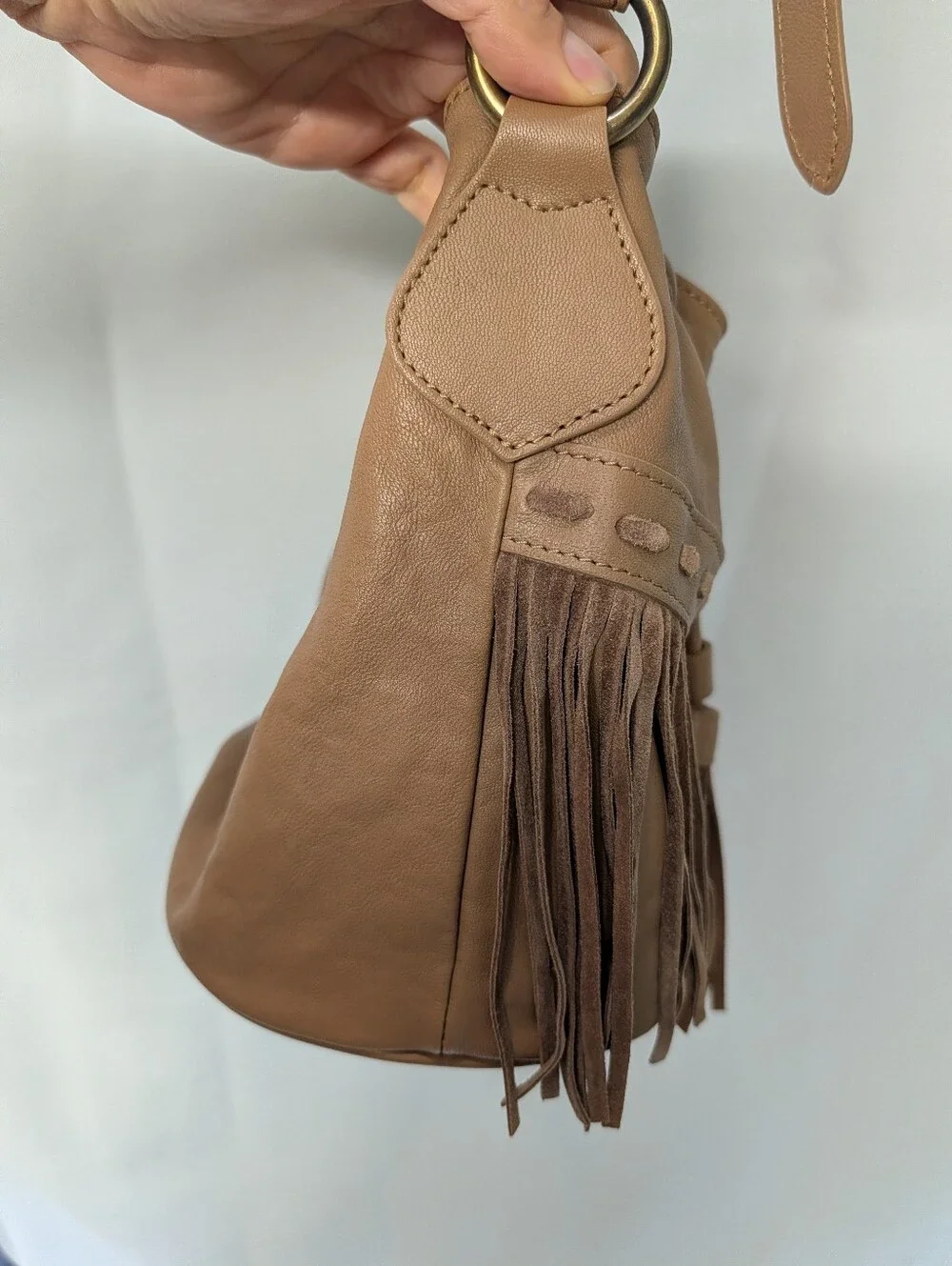 Johnny Was ITALIAN LEATHER FRINGE BUCKET BAG Fringe Drawstring Shoulder Purse
